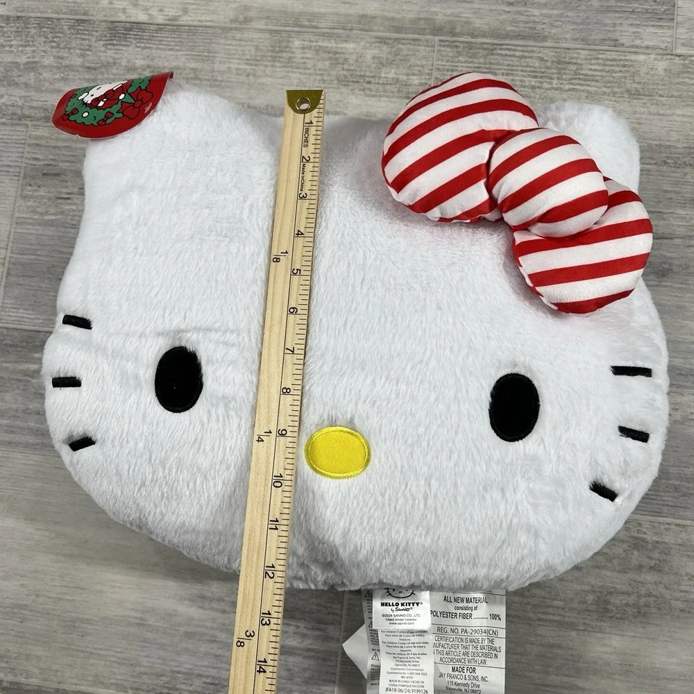 Hello Kitty Christmas Theme With Red & White Striped Bow Plush Ultra Soft Pillow